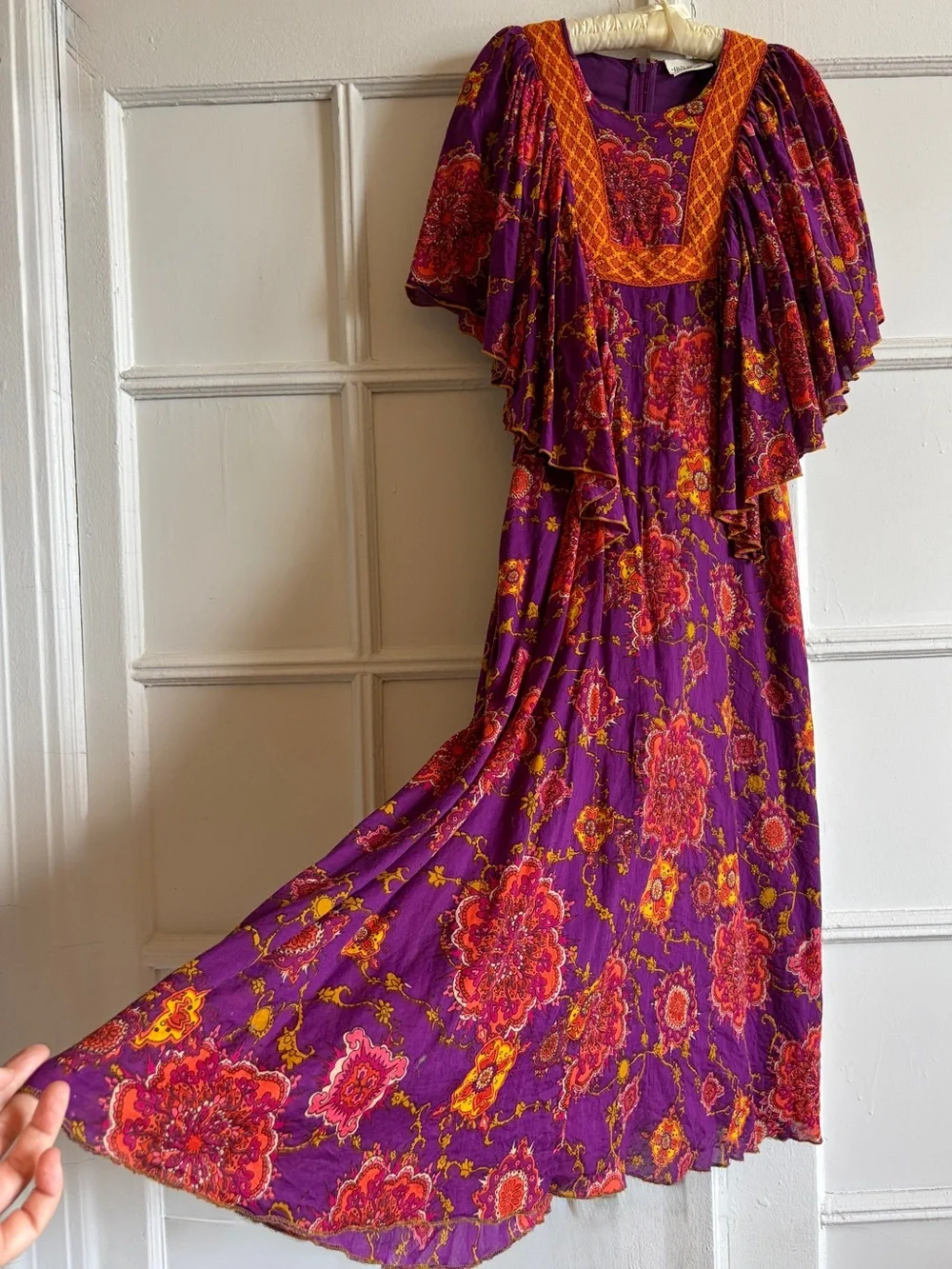 Hippie Shake Purple Mandala Maxi Dress Flutter Sleeve 1970s Style Gypsy Femme